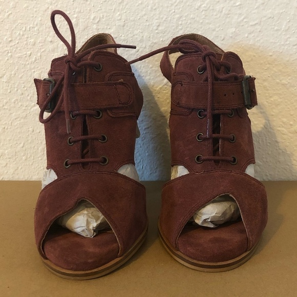 SCHULER & SONS Slingback Heels Womens 8 Burgundy Open Toe Suede Anthropologie - Picture 3 of 10